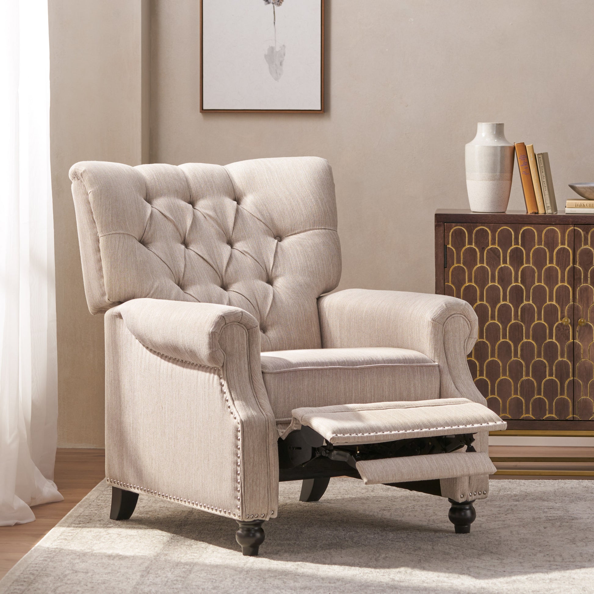 Recliner Chair Beige Fabric