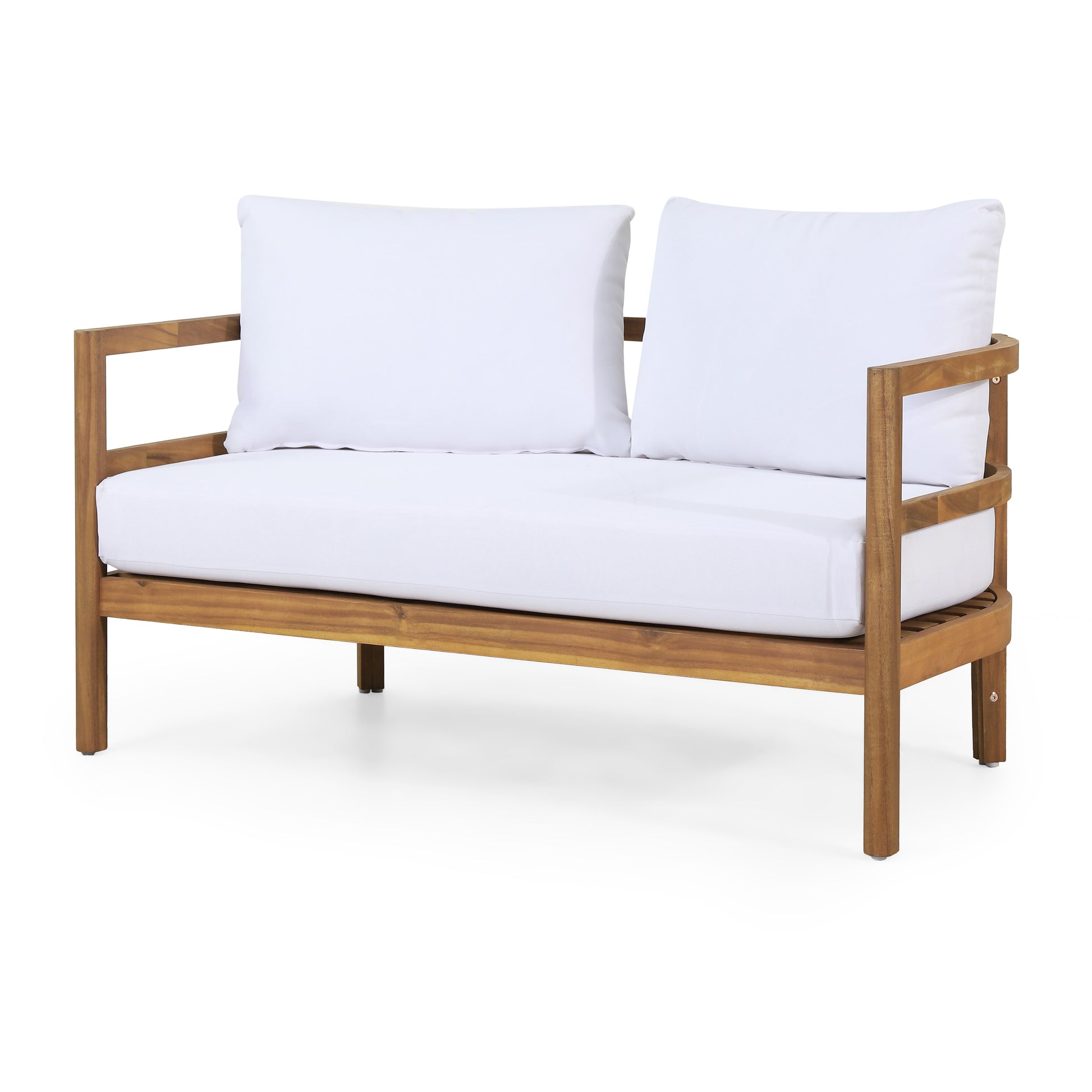 Outdoor Acacia Wood Loveseat And Coffee Table Set With Cushions, Teak And White Brown White Acacia Wood