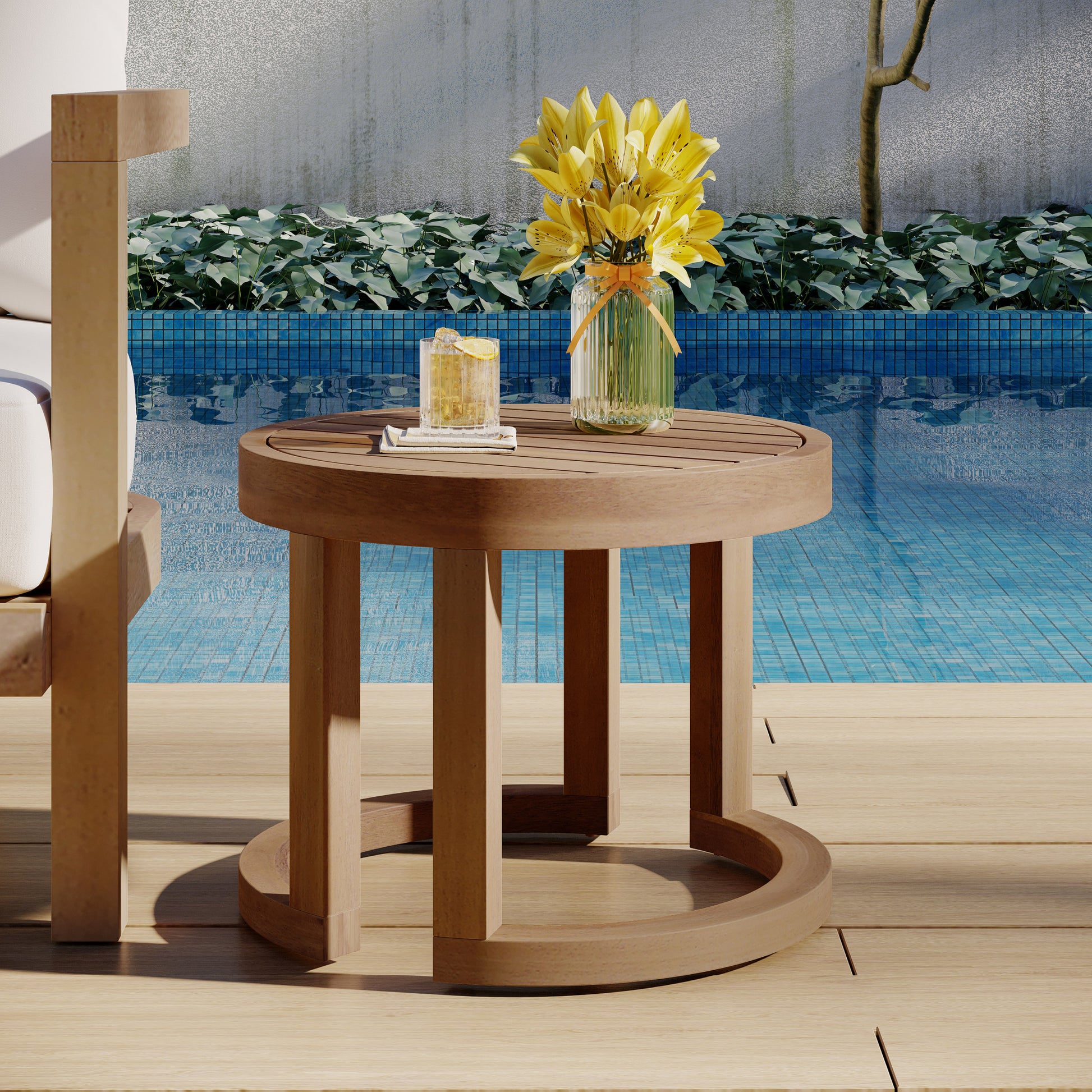 Outdoor Acacia Wood Side Table, 18" Solid Side Table For Patio, Pool, Porch Brown Wash Brown Acacia Wood