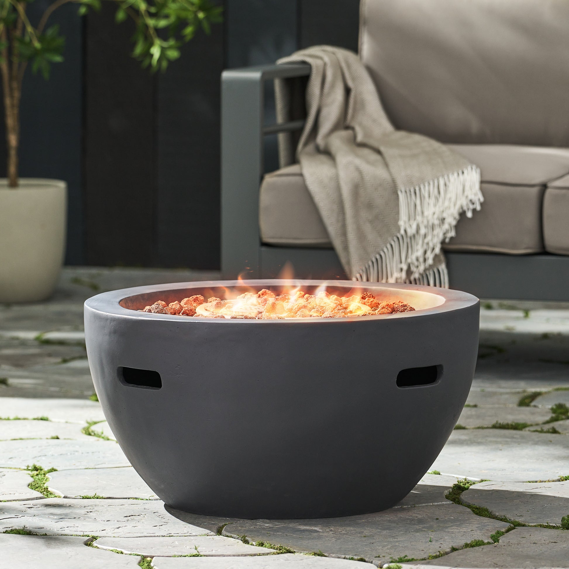 27" Bowl Shaped Mgo 40,000 Btu Propane Fire Pit, Dark Grey Tank Cover Not Included Dark Grey Magnesium Oxide