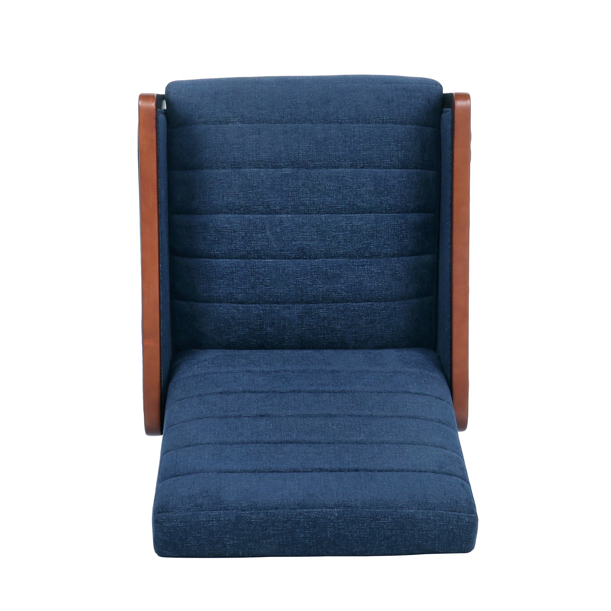 Mid Century Modern Fabric Channel Stitch Wood Pushback Recliner Navy Blue Fabric