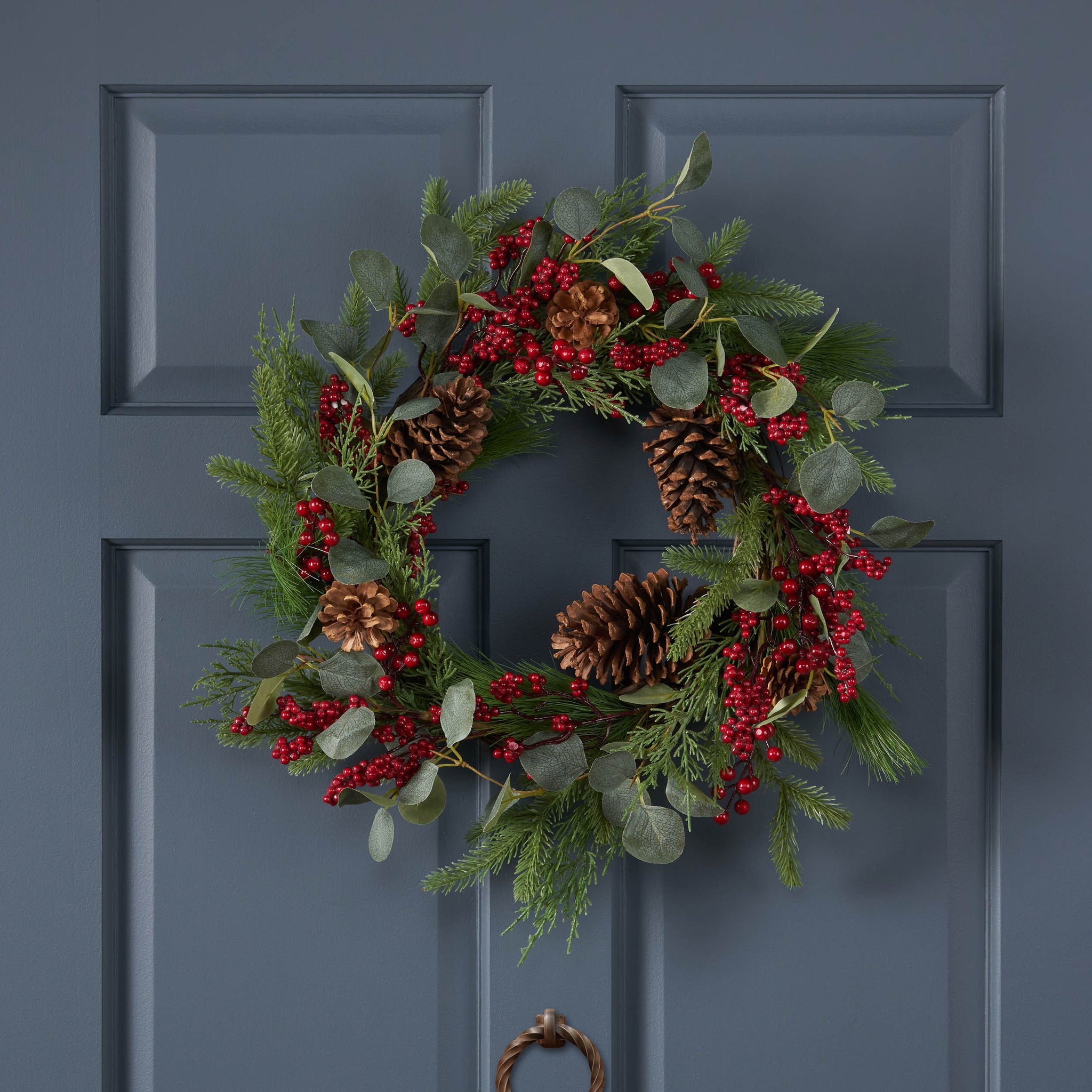 22" Berry Eucalyptus Pinecone Wreath Green Leaves Polyester