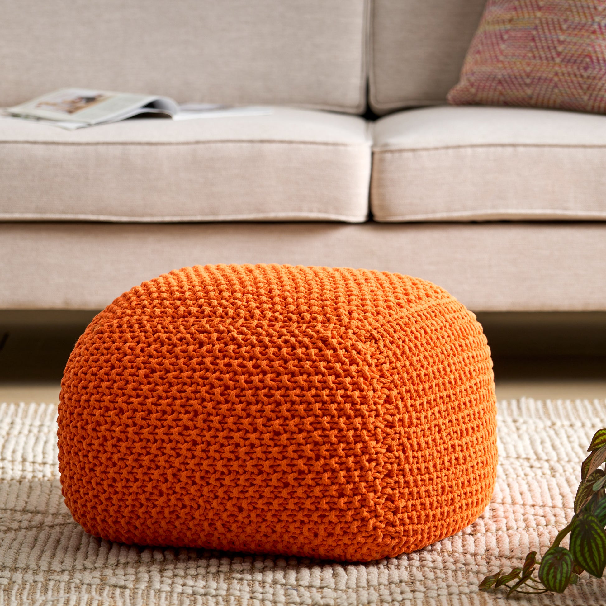 Hollis Knitted Cotton Pouf Cube 20 X 20 X 16 Pouf Orange Cotton