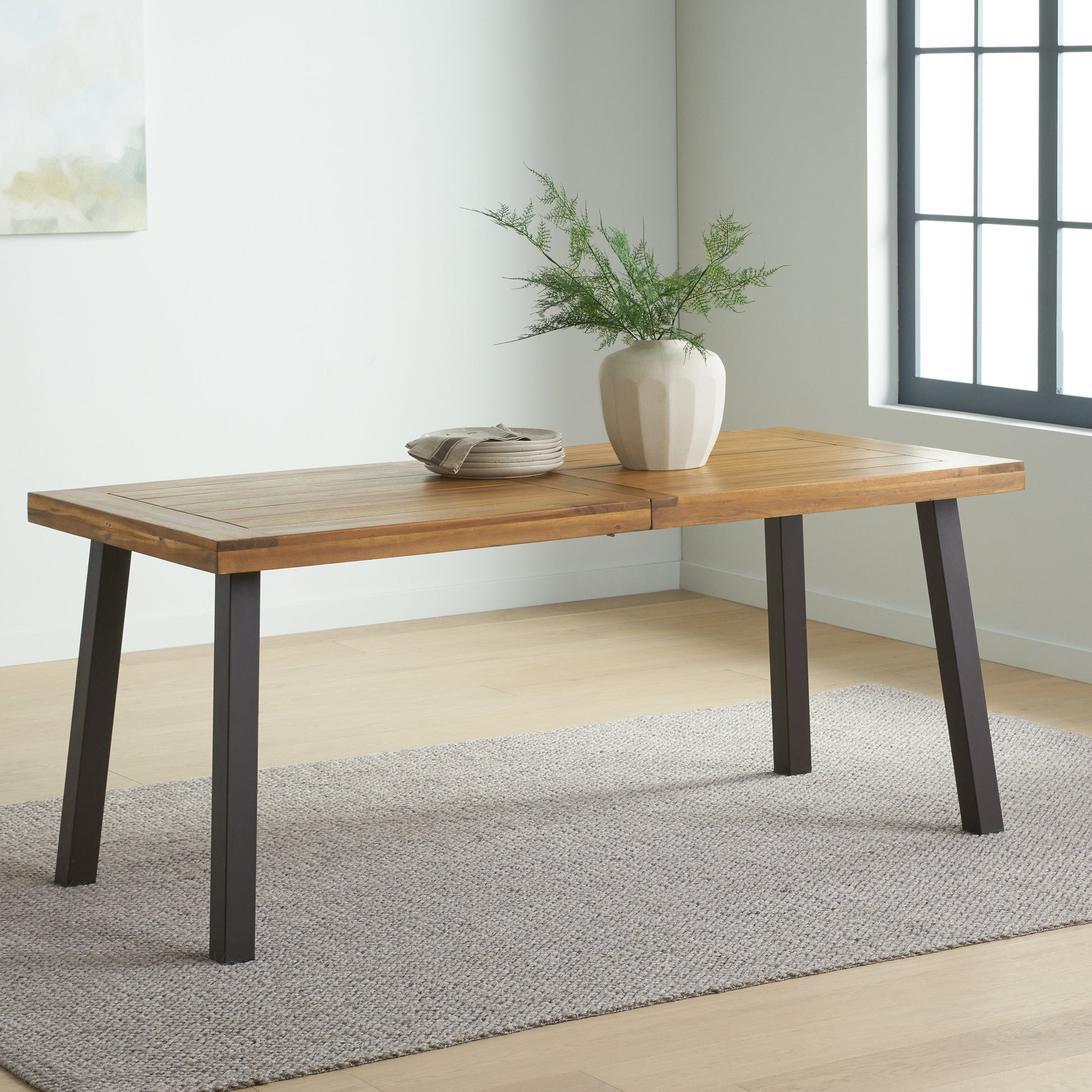 Della Acacia Wood Dining Table, Natural Stained With Rustic Metal, Brown, Grey Natural Acacia Wood