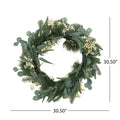 30In Eucalyptus Leaves, Pine Twigs, Stars Wreath White Green Rattan