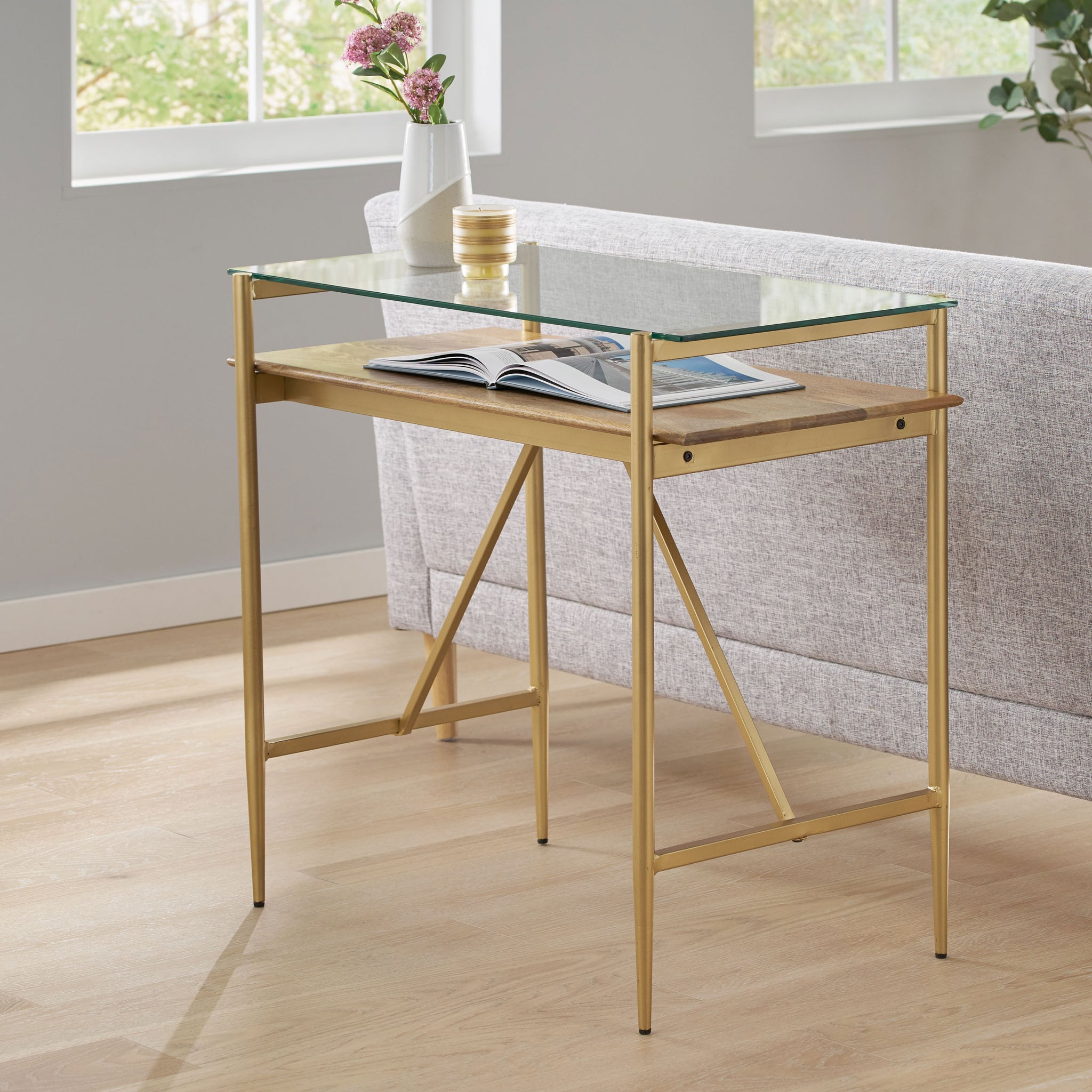 Console Table Honey Wood Metal Glass