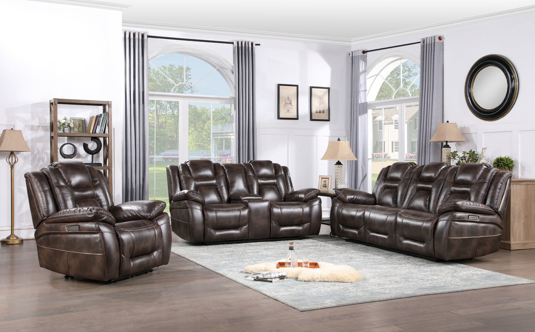 Oportuna 3 Piece Dual Power Reclining Living Room Set Sofa, Loveseat, Recliner Coffee Dark Brown Wood