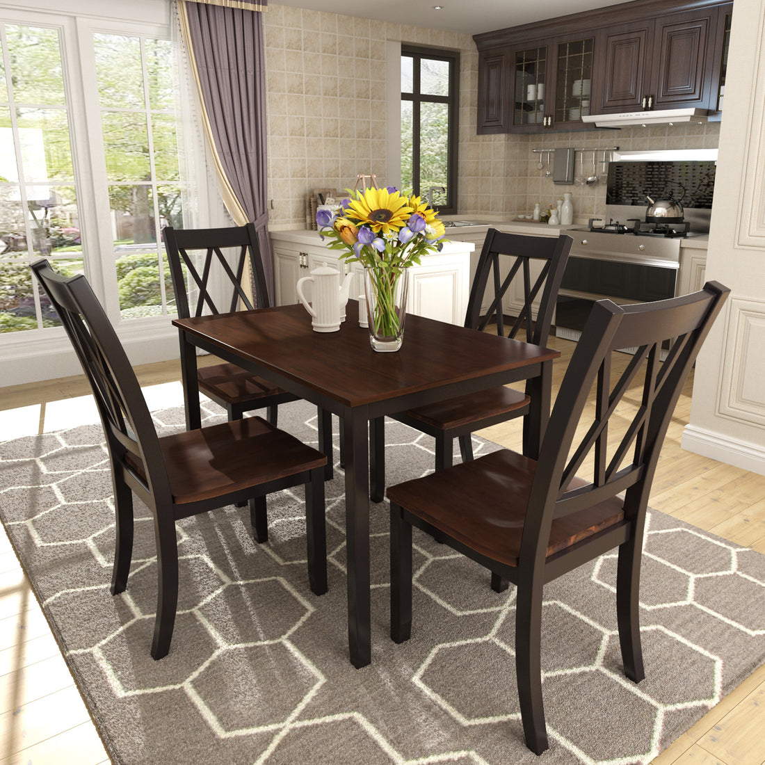 5 Piece Dining Table Set Home Kitchen Table And Chairs Wood Dining Set, Black Cherry Wood Dining Room Solid Wood Acacia Rectangular Dining Table With Chair Wood Wood Black Slat Back Seats 4 Farmhouse 4 Leg Solid Wood