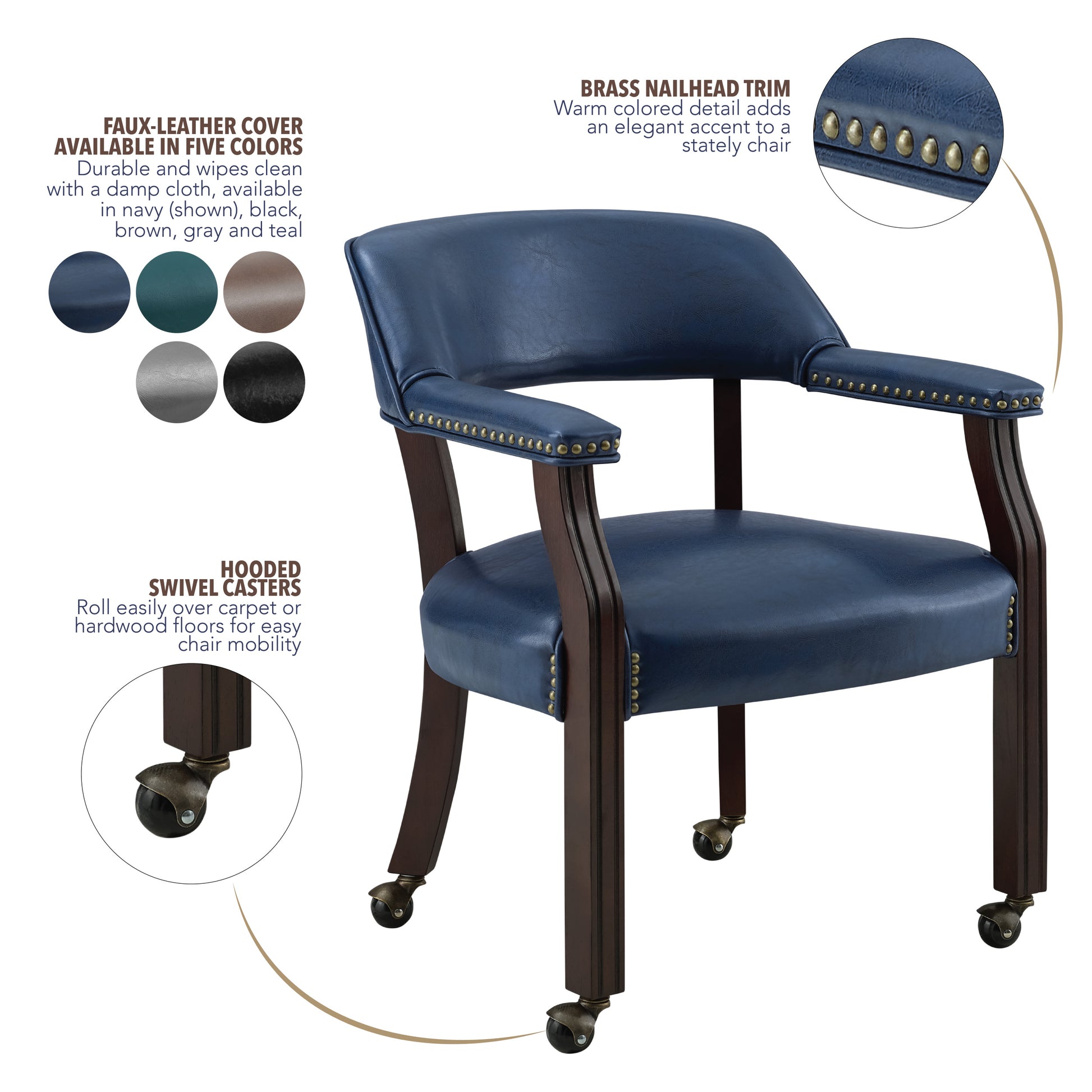 Tournament Arm Chair With Casters Medium Cherry & Blue Blue Faux Leather