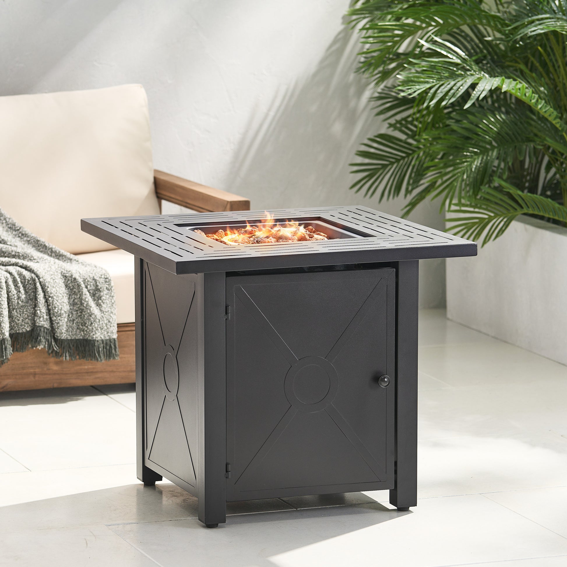 Outdoor Patio Propane Fire Pit 24.5'' H X 28'' W Square Iron Gas Burning Fire Table 40,000 Btu, Tank In Side, Black Black Iron