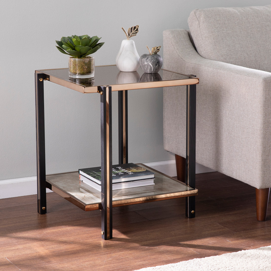 Thornsett End Table W Mirrored Top Champagne Mdf