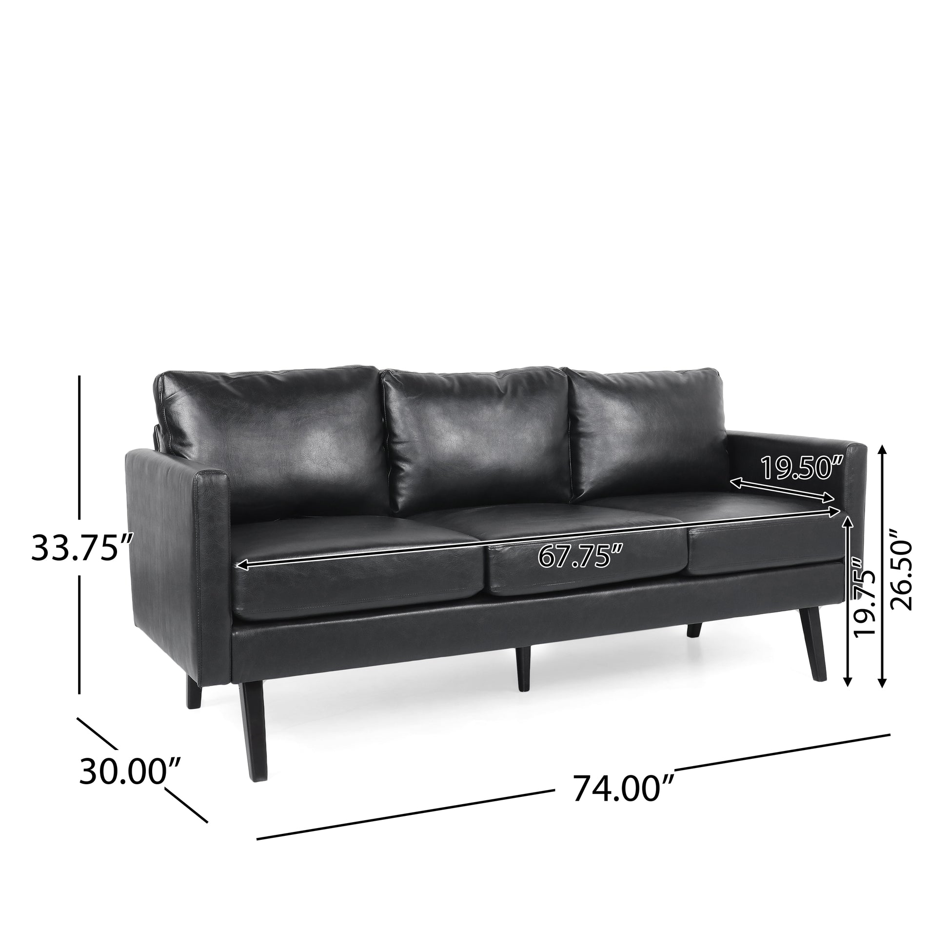 3 Seat Sofa With Wooden Legs, Retro Style For Living Room And Study Black Pu 3 Seat