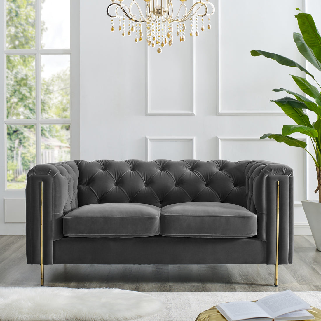 Charlene Velvet Loveseat Gray Dark Gray Fabric