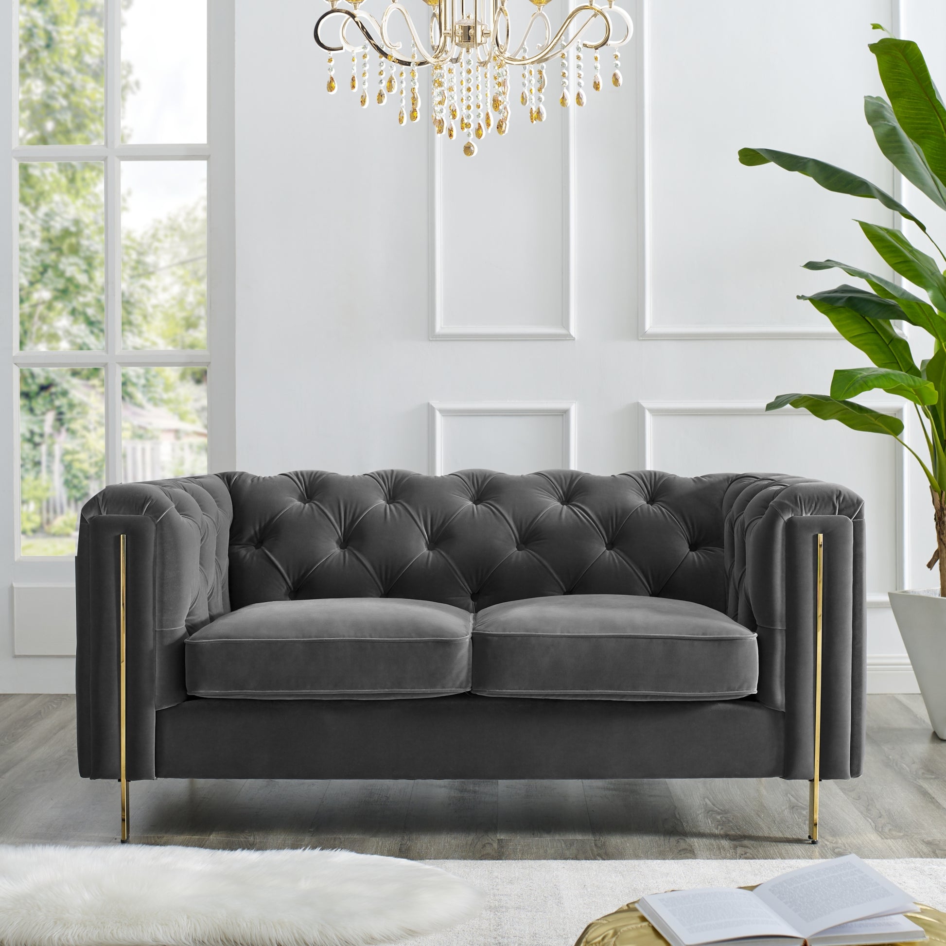 Charlene Velvet Loveseat Gray Dark Gray Fabric