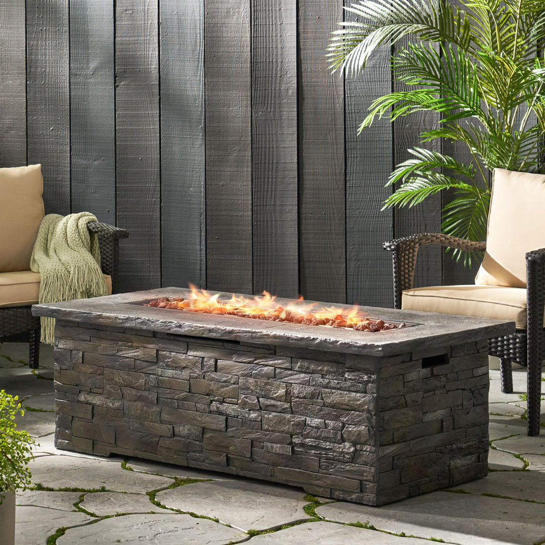 56" Outdoor 40,000 Btu Rectangular Mgo Concrete Propane Fire Pit, Stone Pattern Tank Cover Not Included Stone Gray Magnesium Oxide