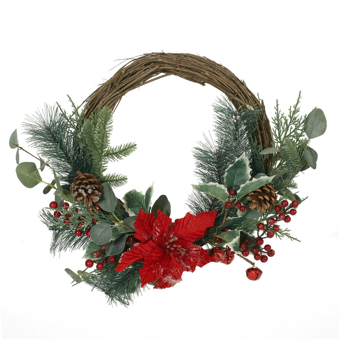 23.5" Poinsettia Berry Eucalyptus Half Wreath Green Leaves Polyester