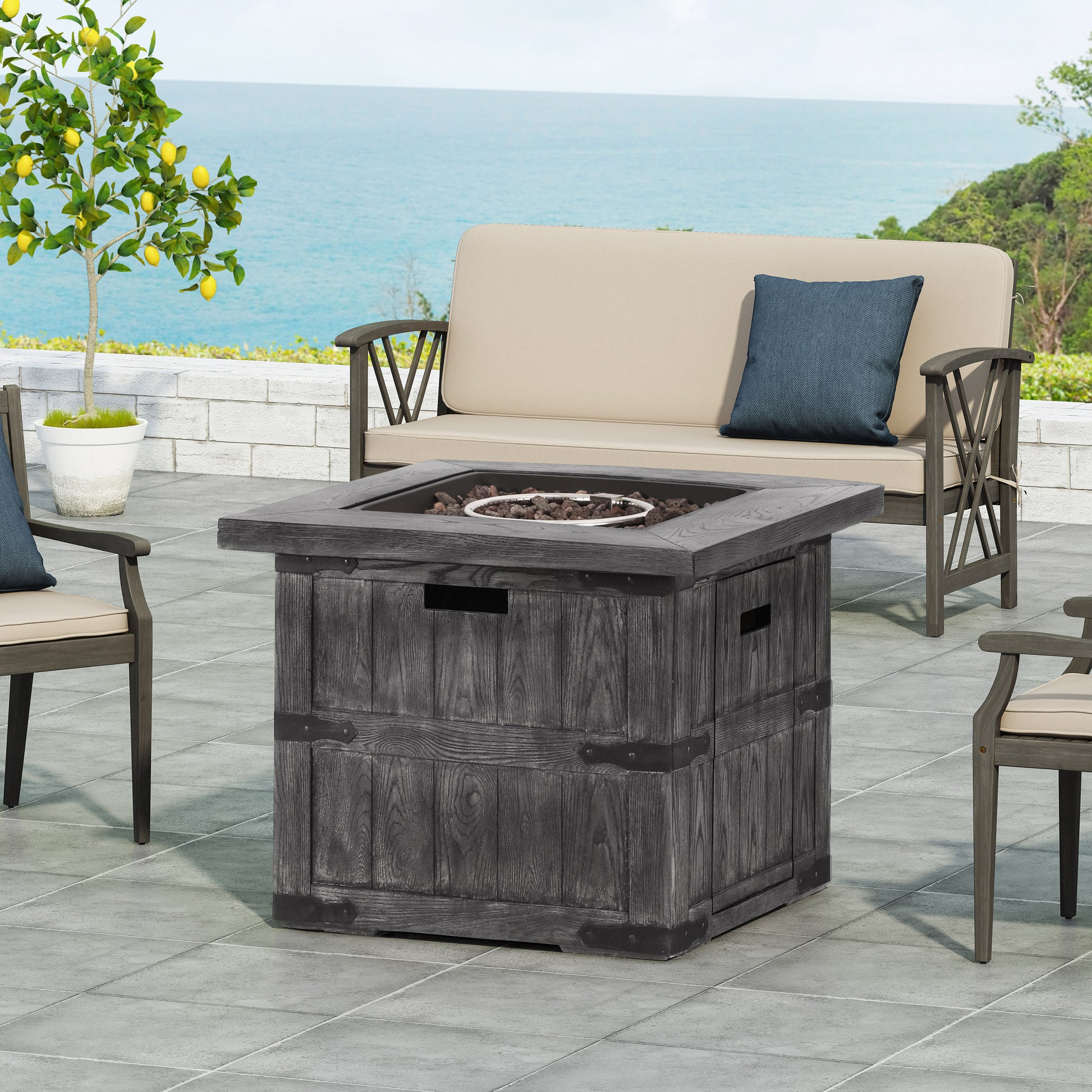 Outdoor Patio 24.5" H X 30" W Square Gas Burning Concrete Fire Pit 40, 000 Btu, Fire Pit Table With Tank Inside, Grey Grey Magnesium Oxide