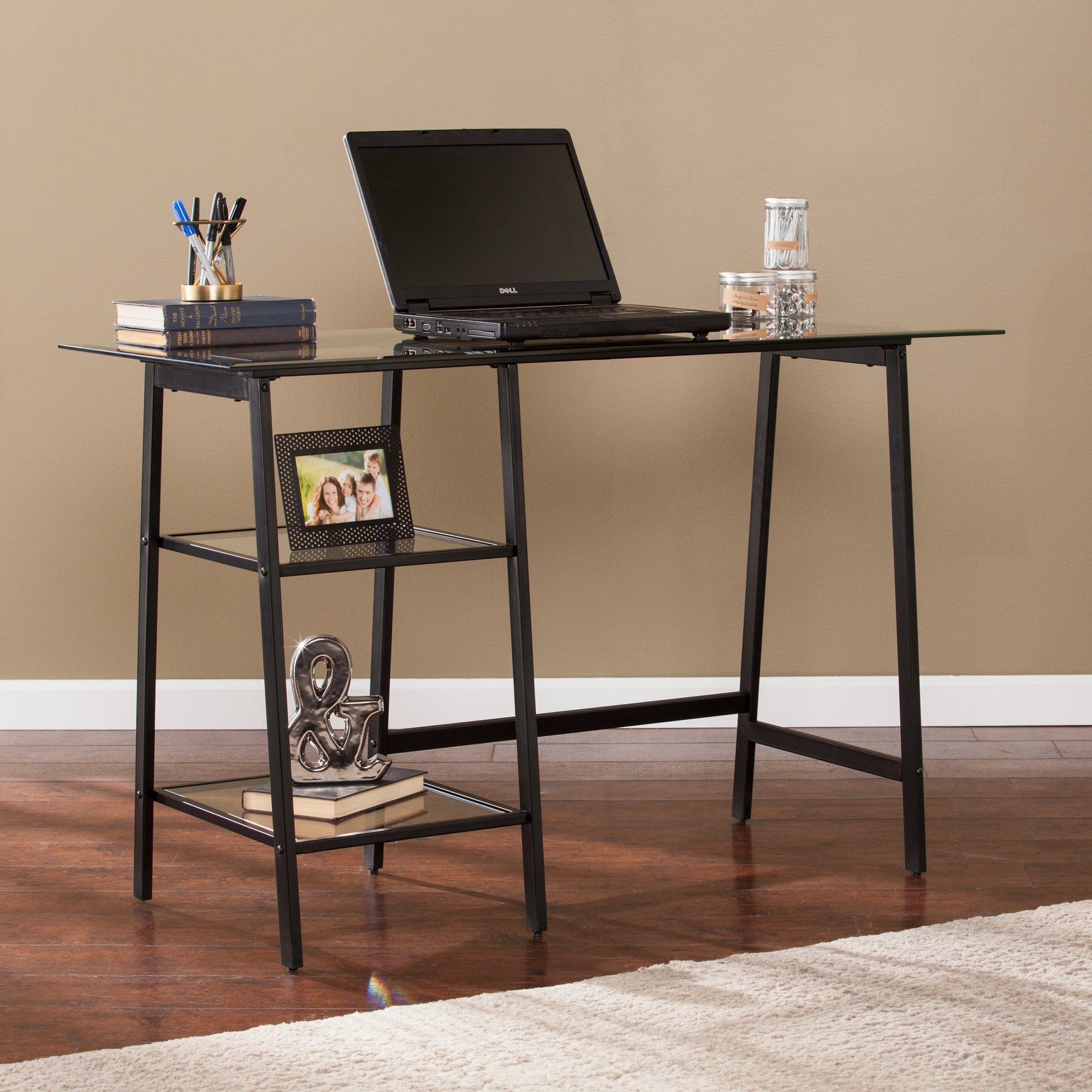 Avery Metal Glass Sawhorse A Frame Writing Desk Black Black Iron