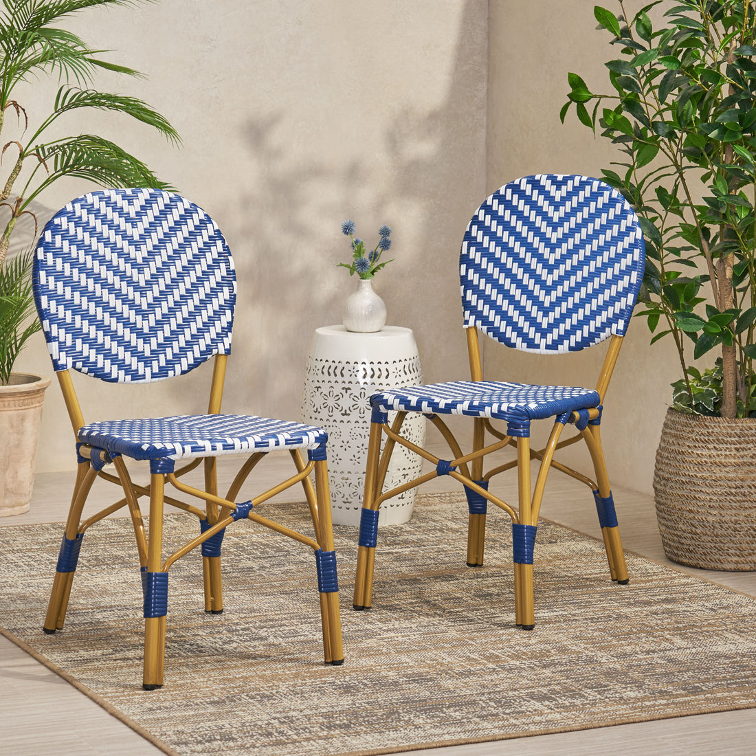 French Bistro Chair White Blue Rattan