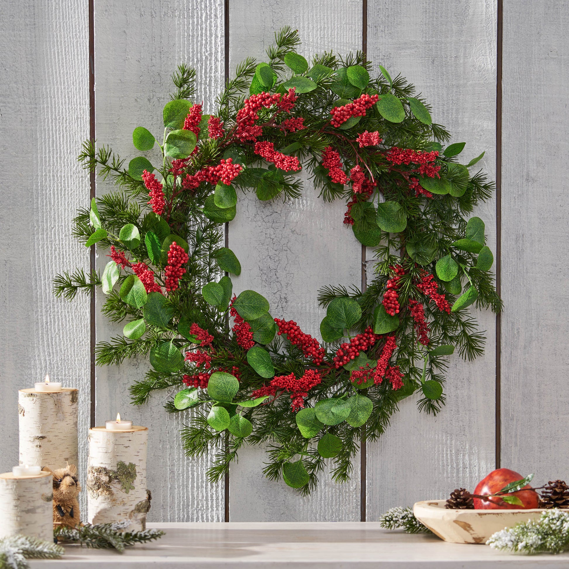 25.5" Leaves Berry Wreath Red Polyester