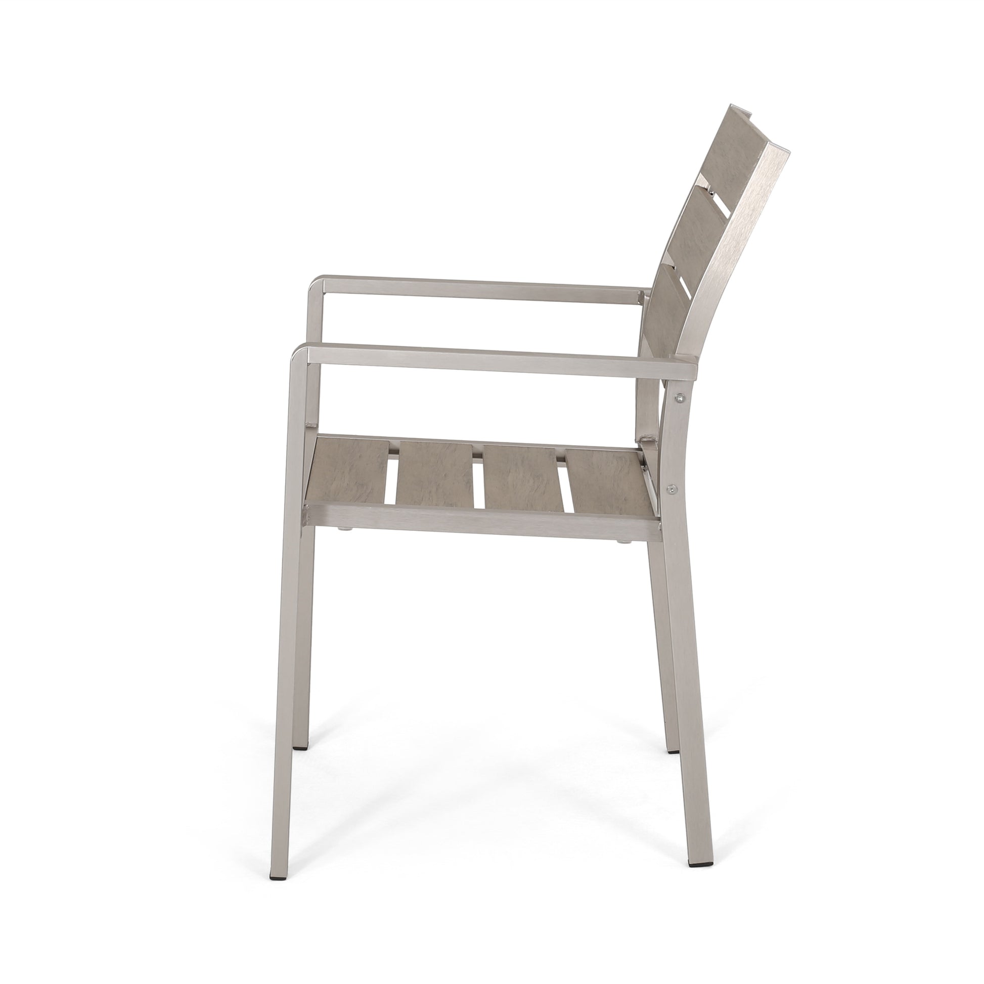 Outdoor Modern Aluminum Dining Chair With Faux Wood Seat Set Of 2 , Natural And Silver Natural Aluminium