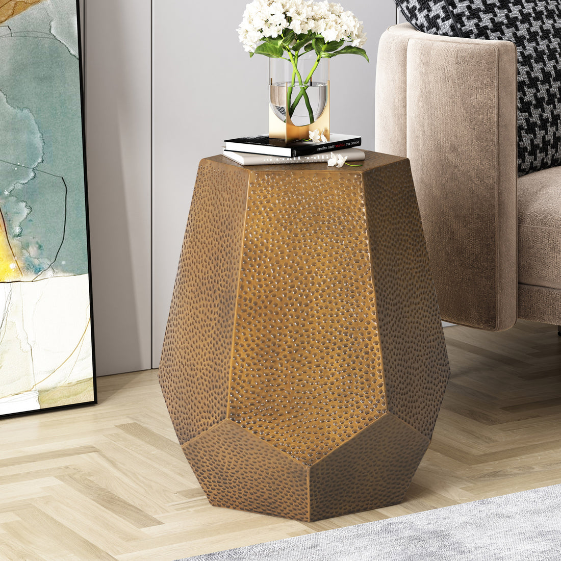 Metal Hammered End Table Gold Iron