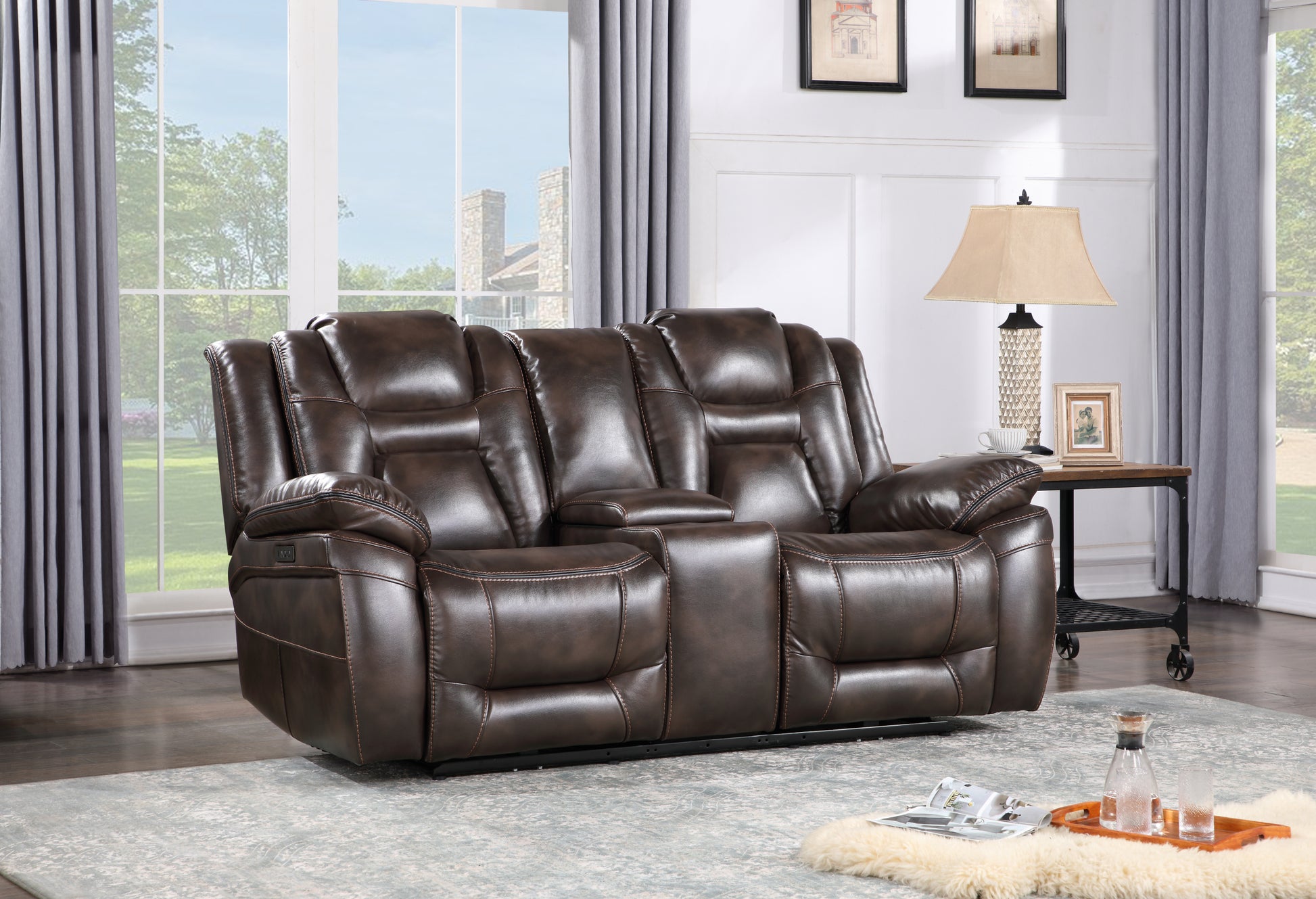 Oportuna Dual Power Console Loveseat Dark Brown Dark Brown Wood 2 Seat