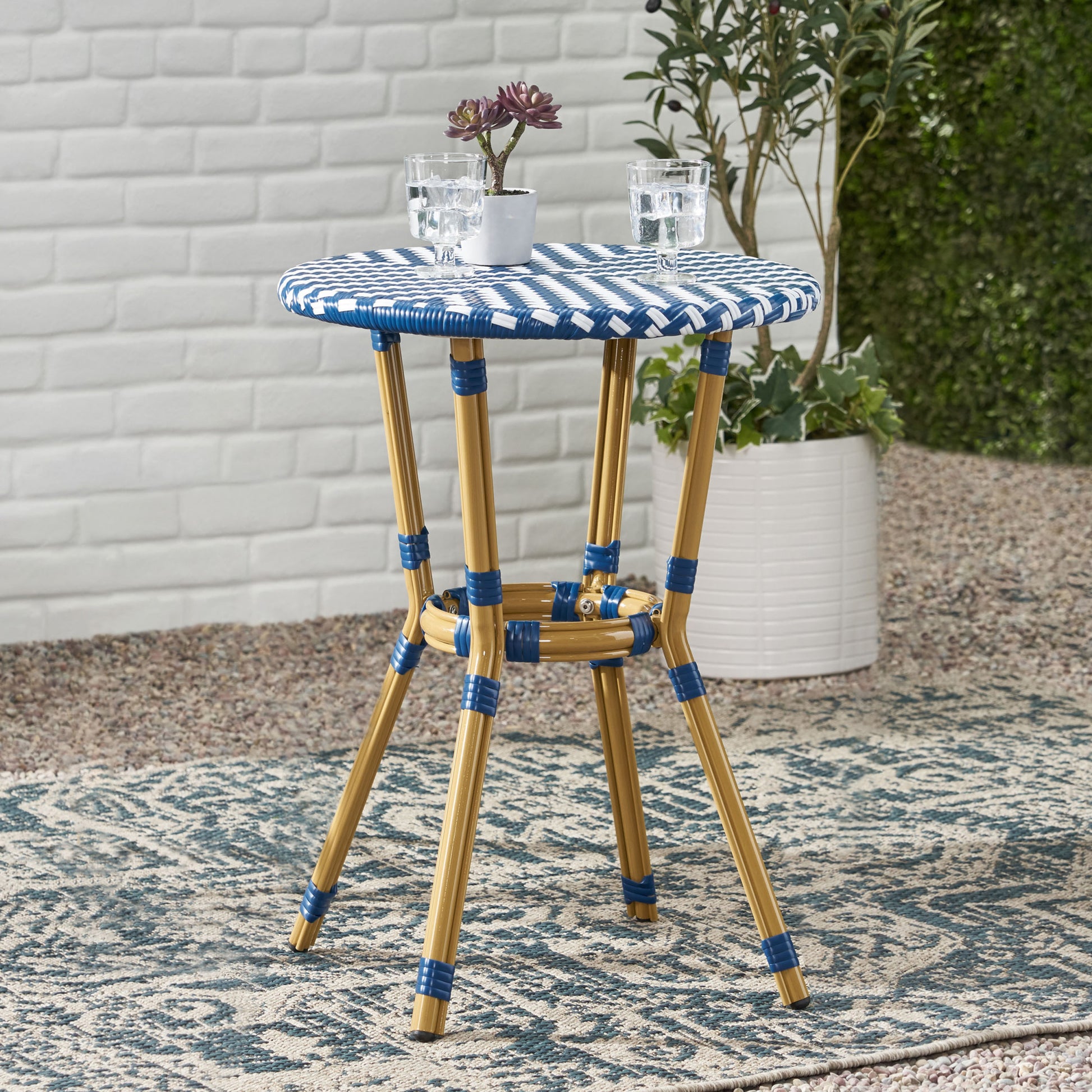 French Bistro Table - White Blue Rattan