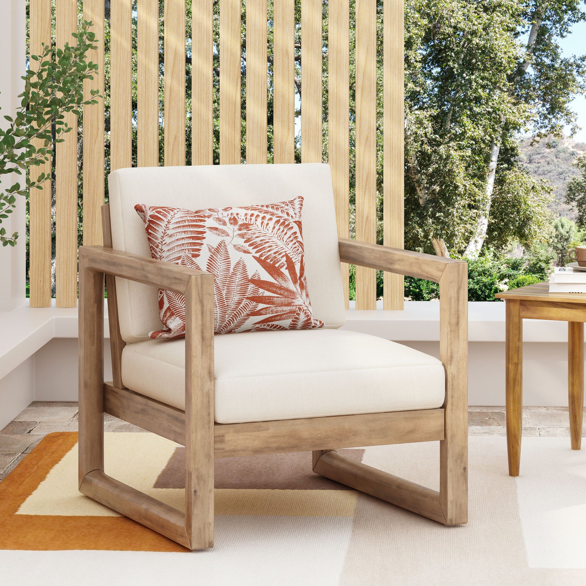 Outdoor Acacia Wood Club Chair With Cushions, Brown And Beige, 29.5'' D X 27.5'' W X 31.5'' H Brown Beige Acacia Wood