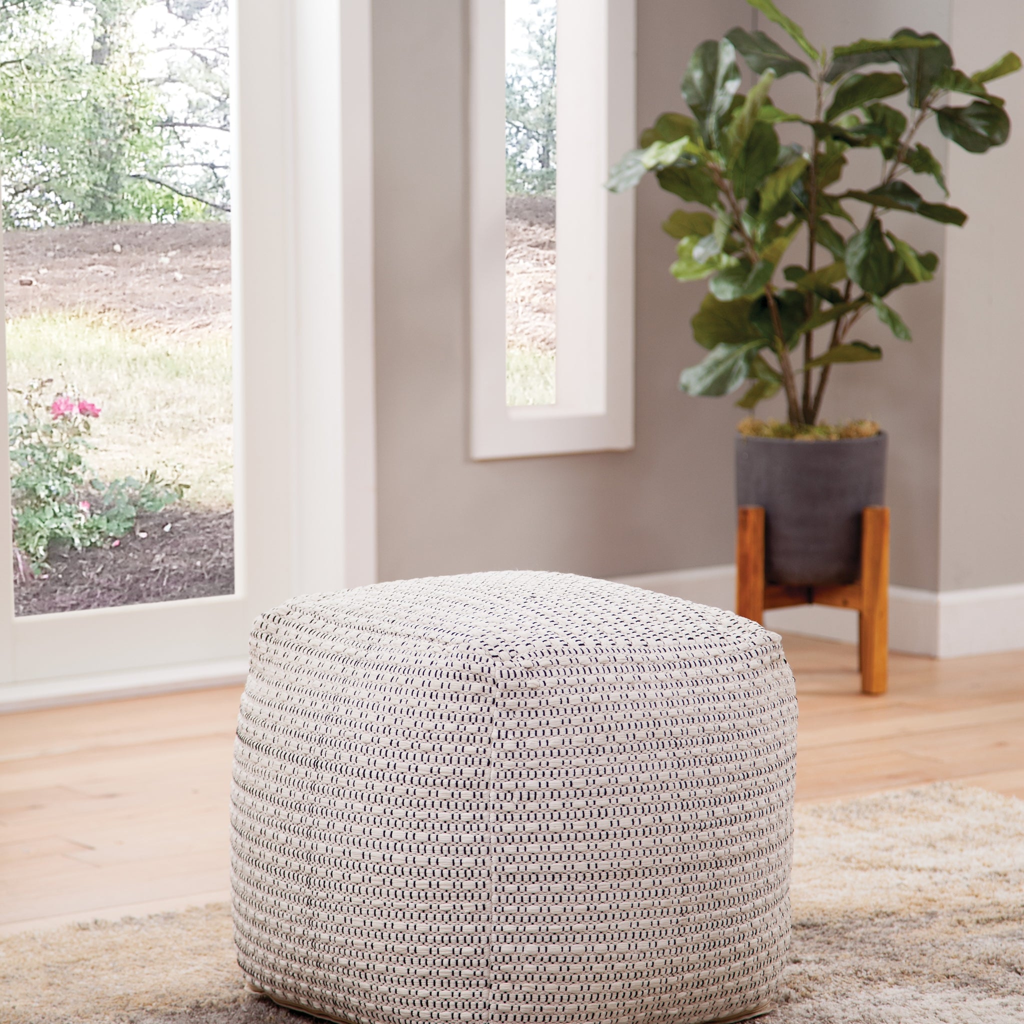 Hakim Square Handwoven Woolen Pouf White White Fabric