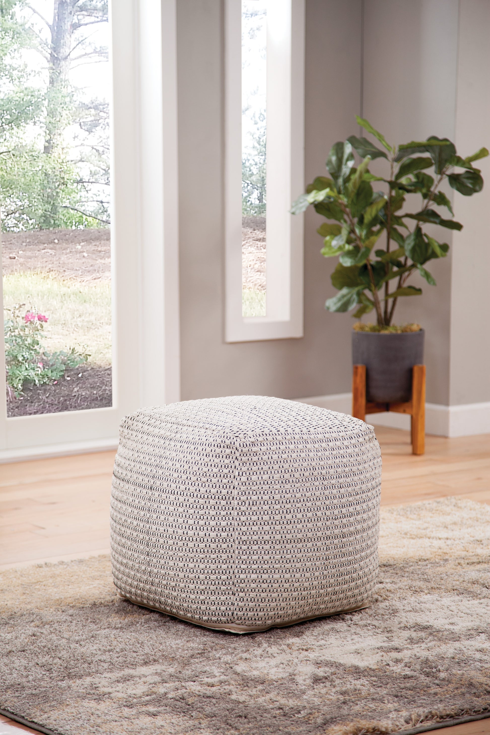 Hakim Square Handwoven Woolen Pouf White White Fabric