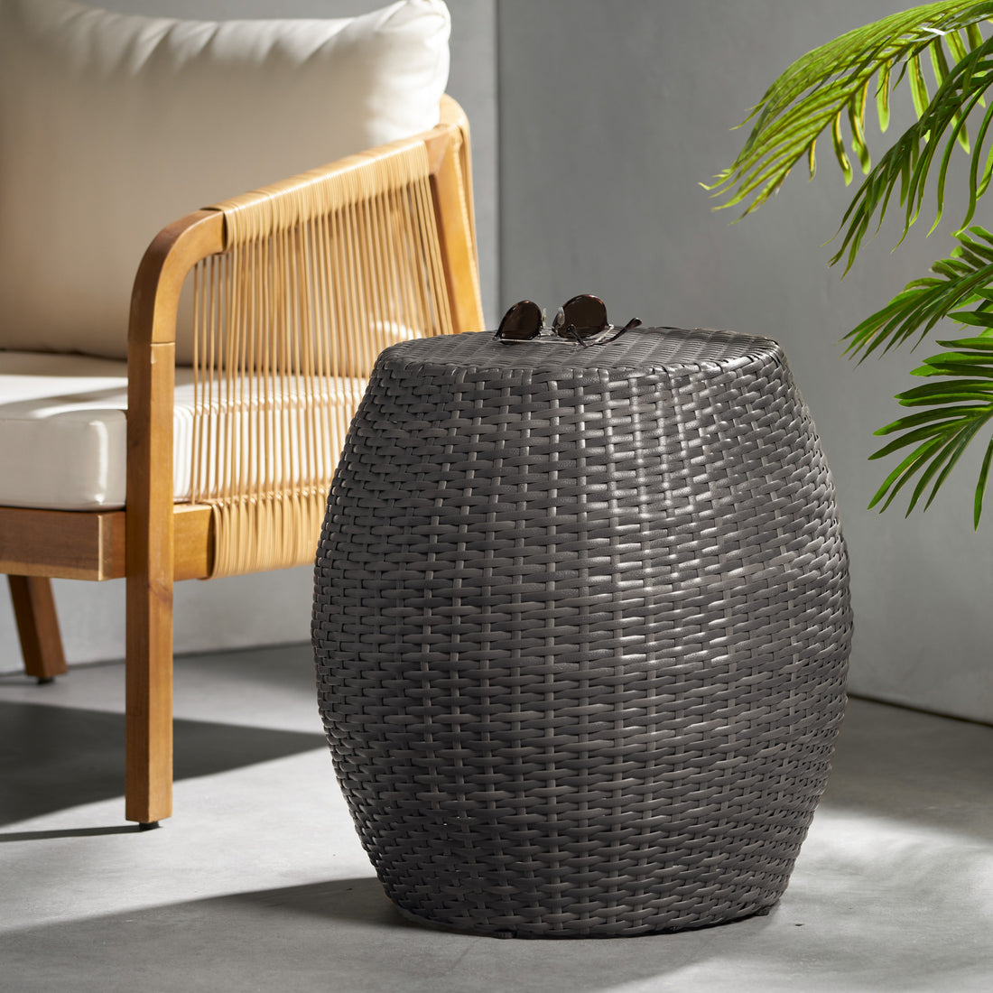 Outdoor Wicker 14.00" Patio Side Table Grey Rattan