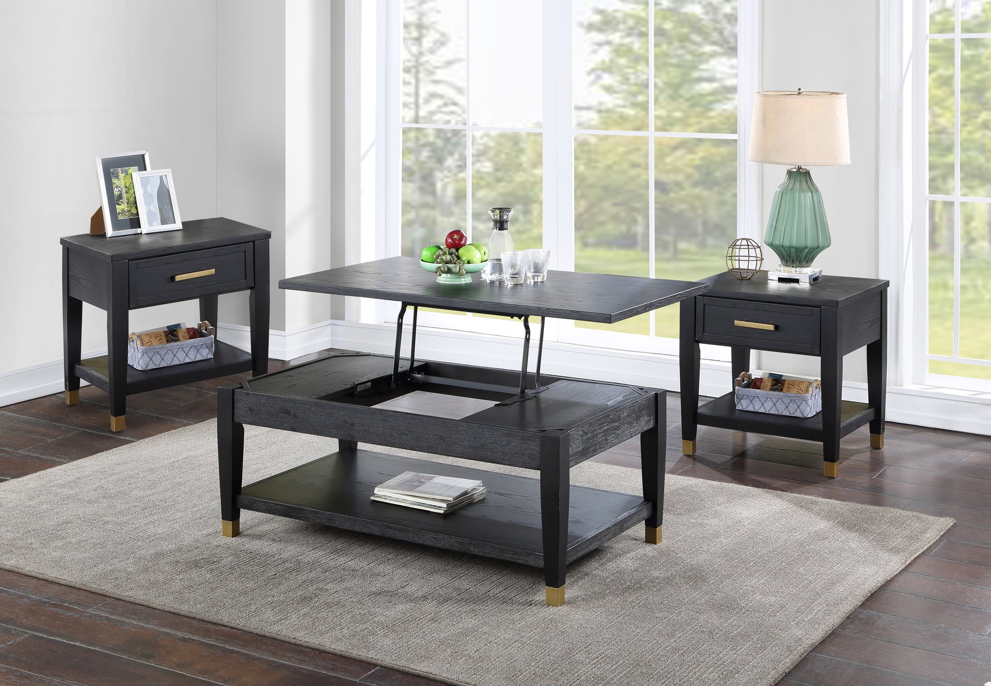 Yves Cocktail & 2 End Table Set Black Black Wood