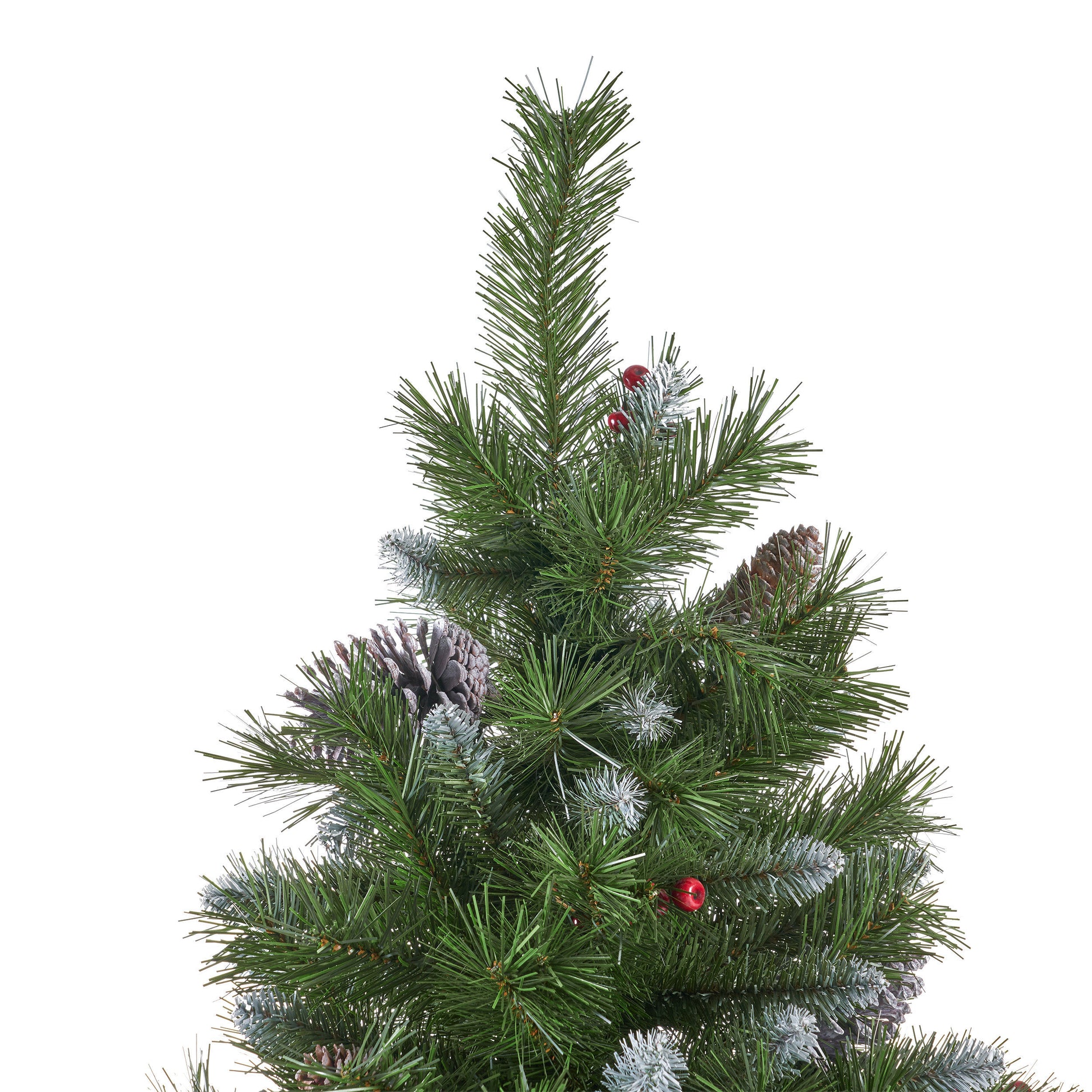 7' Mixed Frosted Hinged Tree With 52 Frosted Pine Cones And 26 Red Berry And Dia:53",1219 Tips Green Pvc