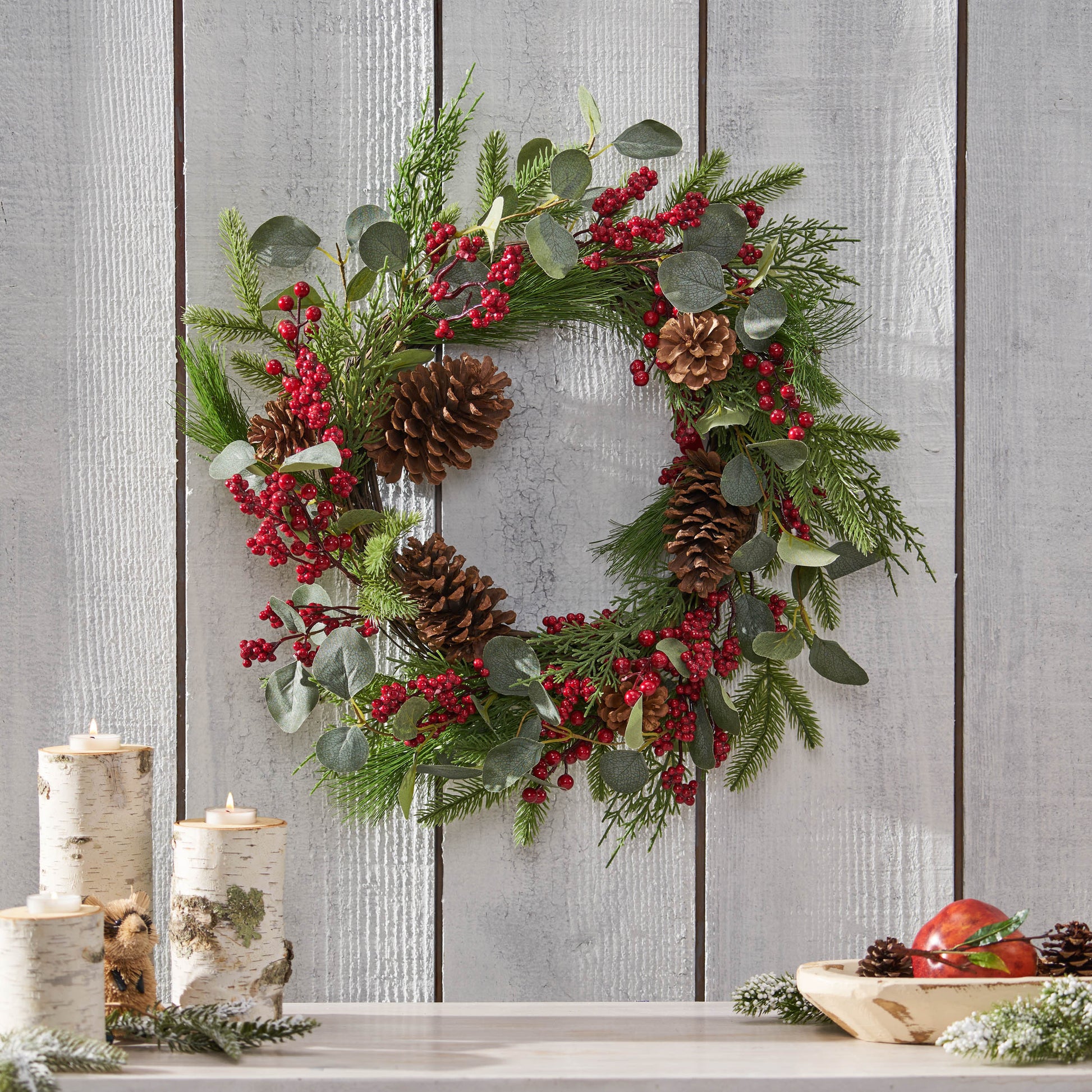 22" Berry Eucalyptus Pinecone Wreath Green Leaves Polyester