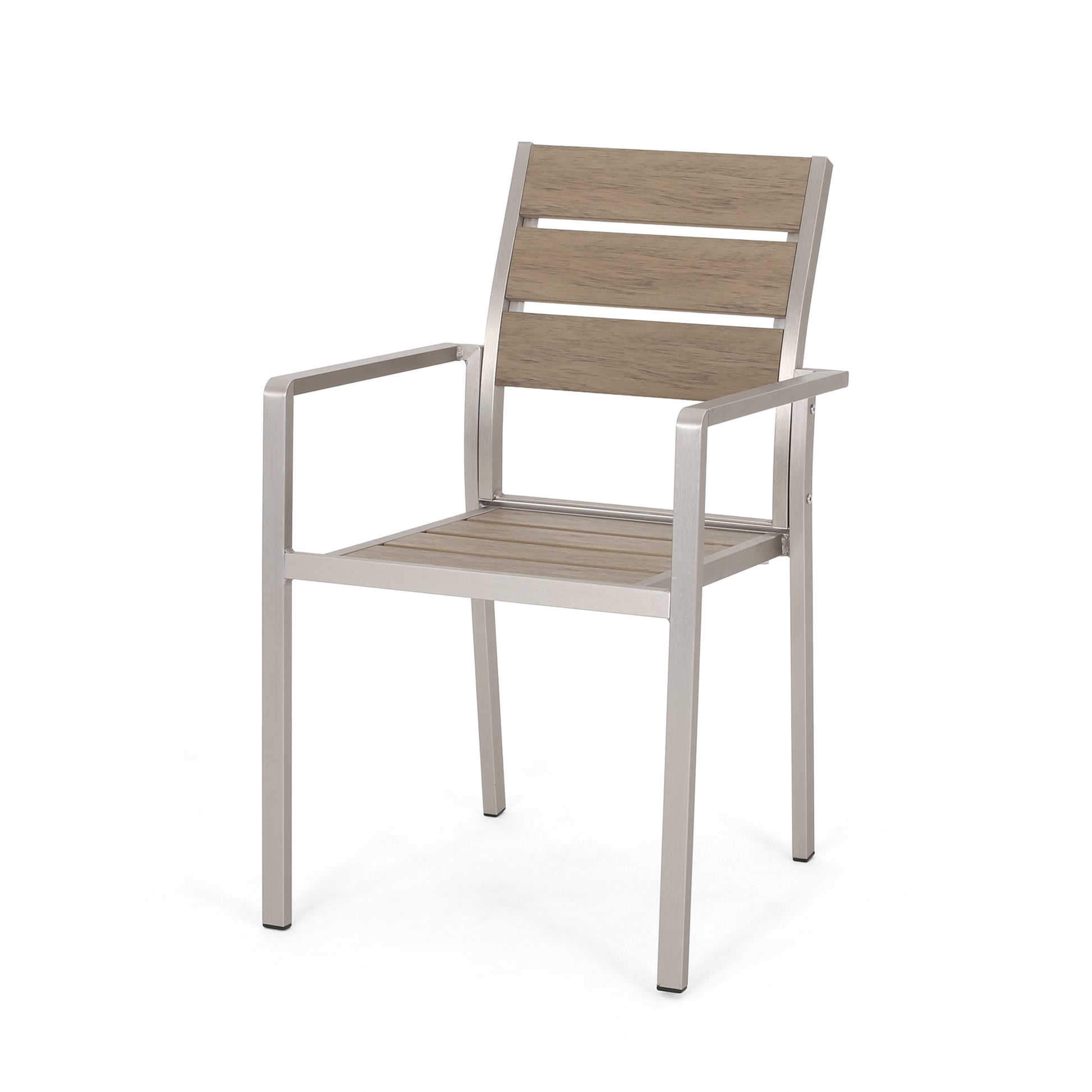 Outdoor Modern Aluminum Dining Chair With Faux Wood Seat Set Of 2 , Natural And Silver Natural Aluminium