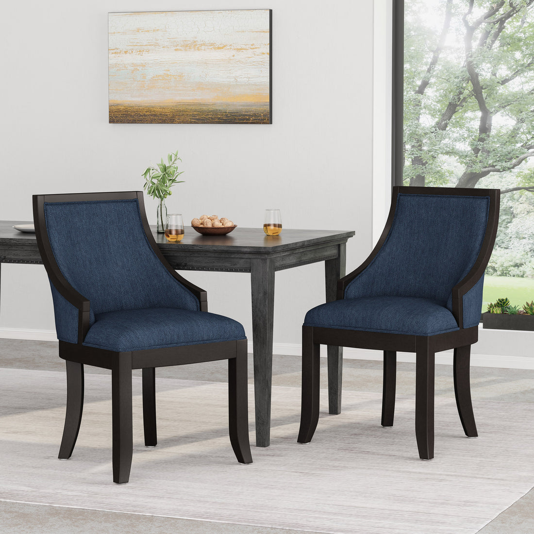 Dinning Chair Mp2 Set Of 2 Navy Blue Wood Fabric