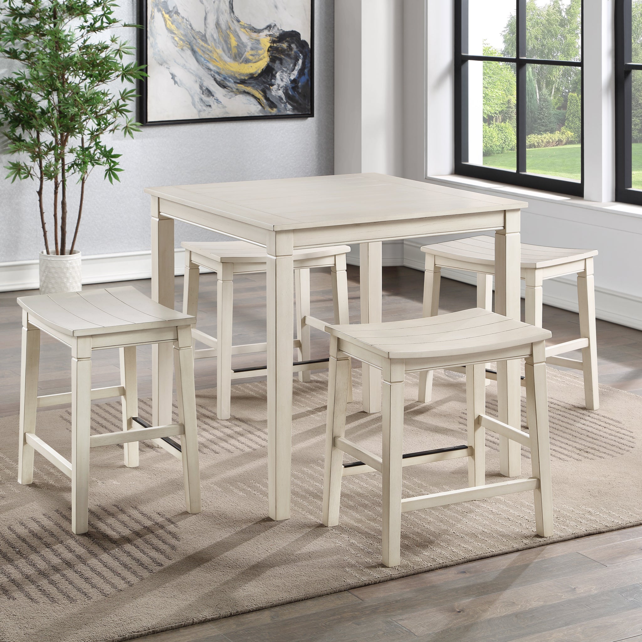 Farmhouse 5 Pack Counter Dining Set Plank Effect Top, Shaped Counter Stool Seat Compact And Functional Perfect For Apartments Or Smaller Homes Ivory Wood