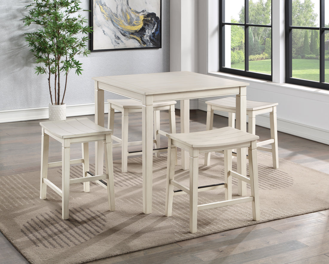 Farmhouse 5 Pack Counter Dining Set Plank Effect Top, Shaped Counter Stool Seat Compact And Functional Perfect For Apartments Or Smaller Homes Ivory Wood