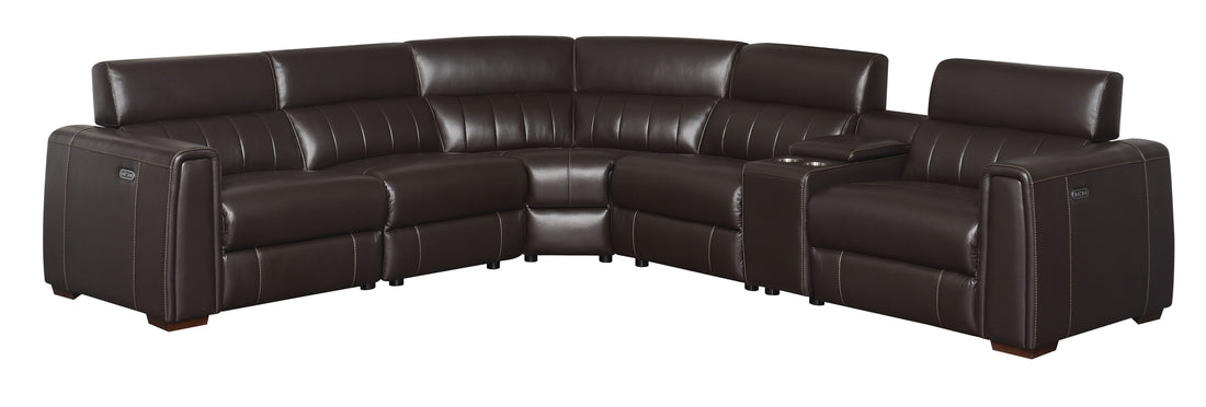 Leather Power Reclining Sectional Top Grain Leather, Transitional Styling, Espresso Color, Power Features, Usb Charging Brown Foam Leather 5 Seat