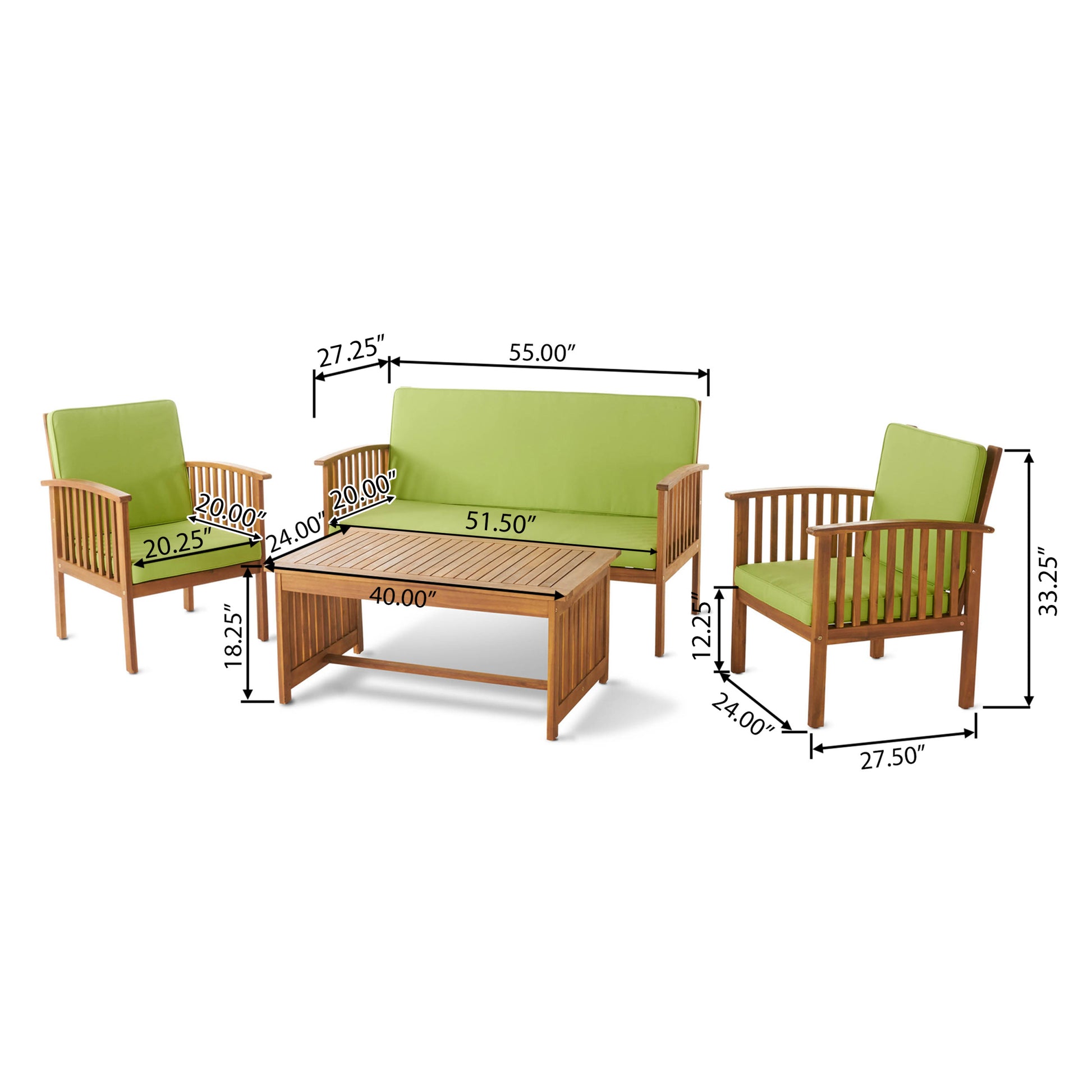 Outdoor Acacia Wood Sofa Set With Water Resistant Cushions, 4 Pcs Set, Brown Patina Light Green Light Green Acacia Wood