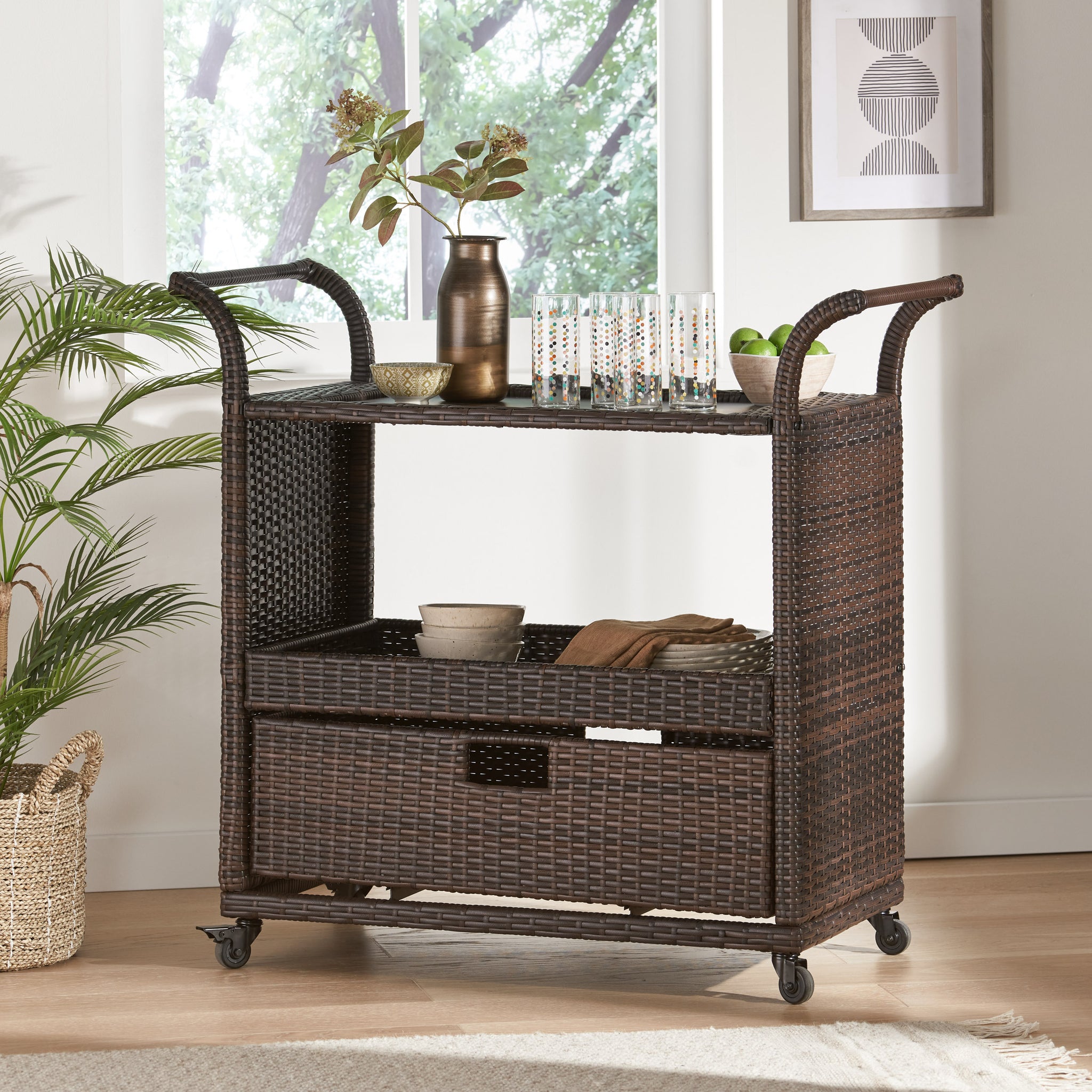 Corona Bar Cart - Brown Pe Rattan Iron