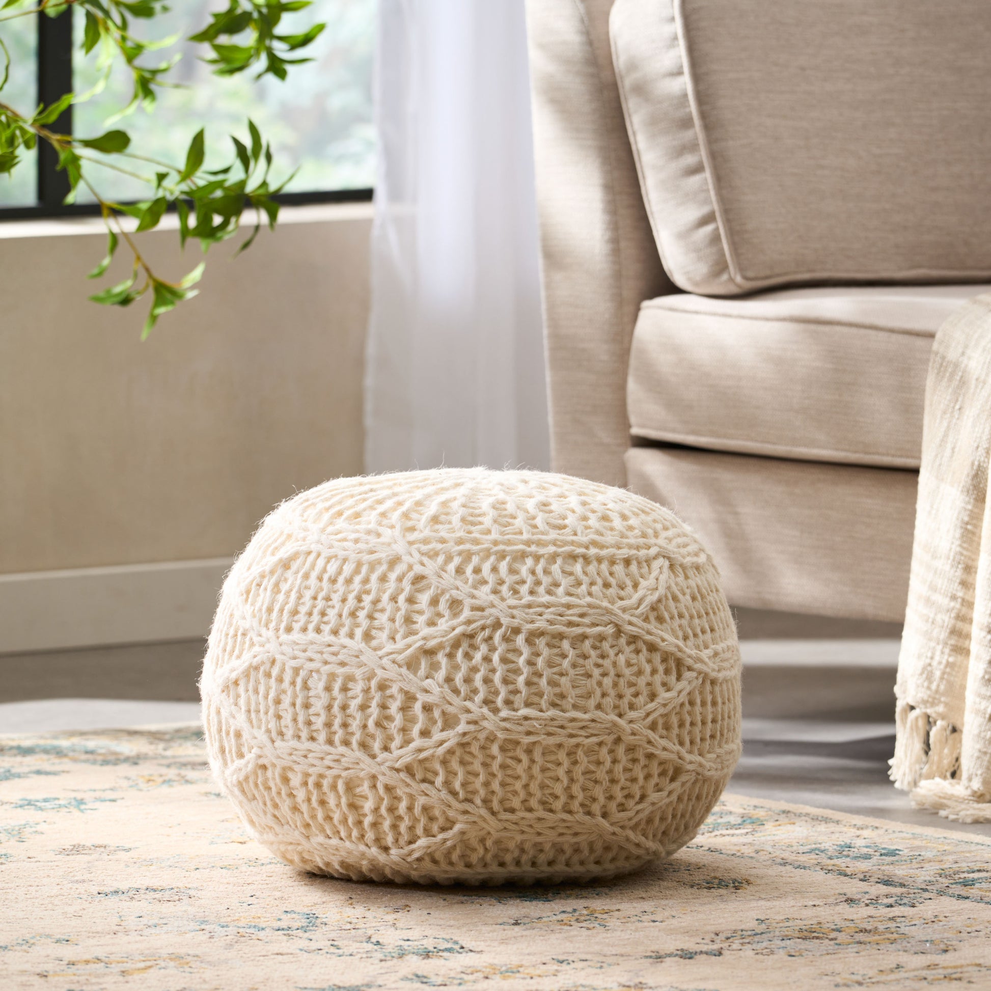 Malibu Knitted Wool 20 X 20 Round Pouf Cream Wool