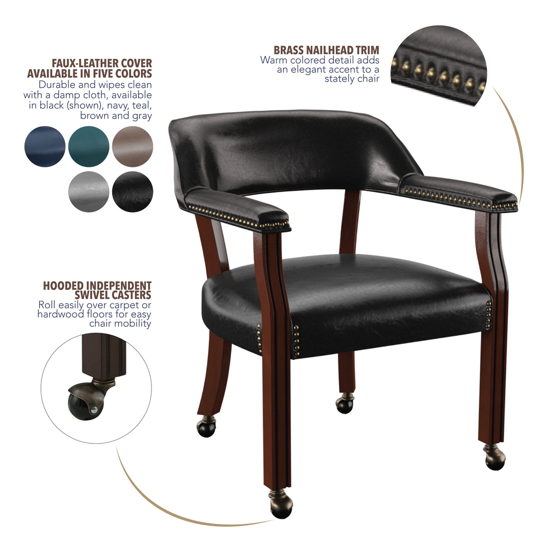 Tournament Arm Chair With Casters Medium Cherry Black Faux Leather