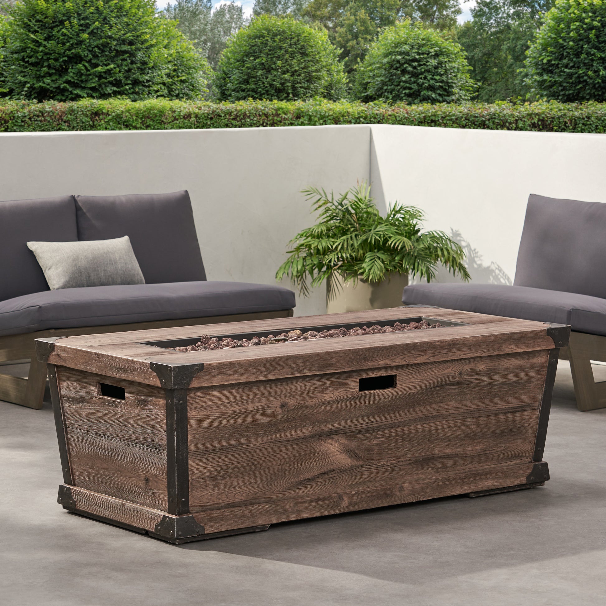 Outdoor Patio Concrete Fire Table, Rectangle Gas Burning 56 Inch Fire Pit 50,000 Btu, Wood Pattern Fire Table, Brown Tank Cover Not Included Brown Garden & Outdoor Magnesium Oxide