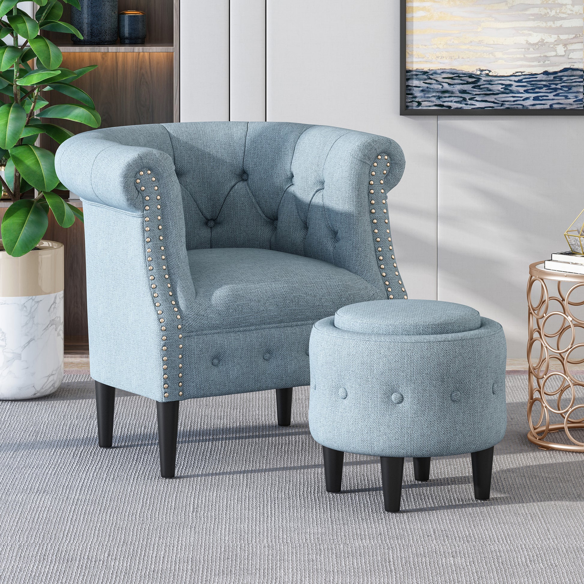 Chair Ottoman Light Blue Fabric