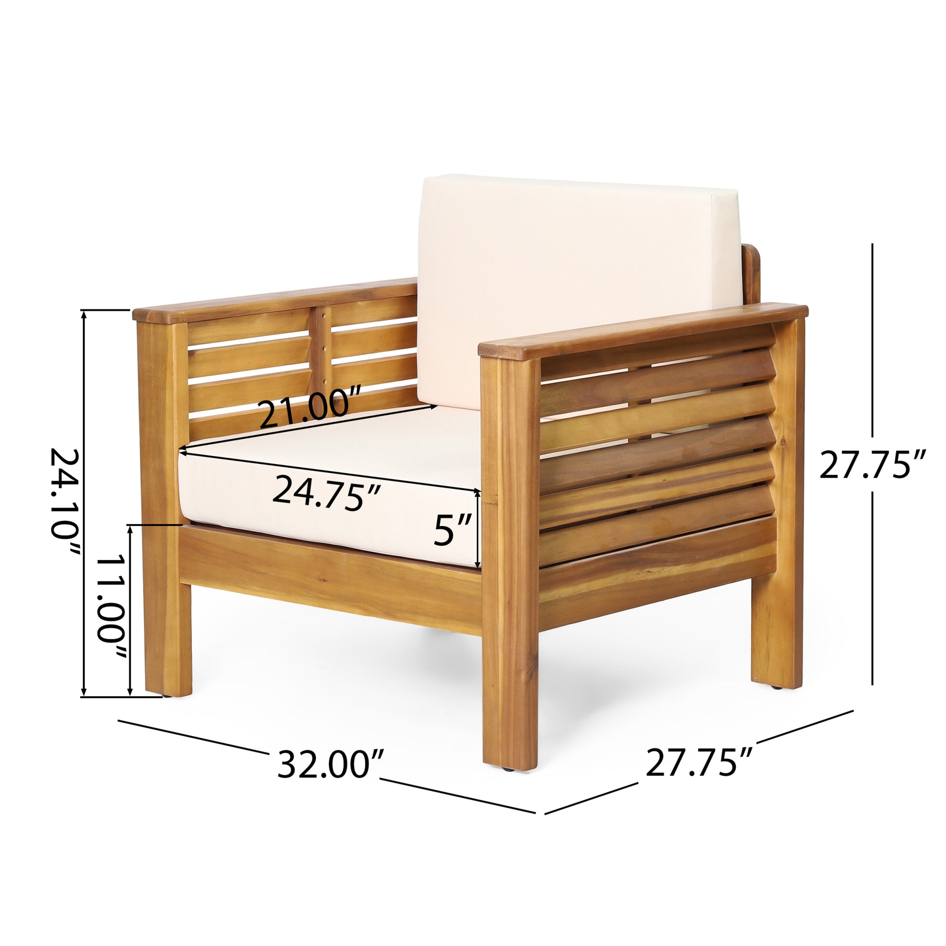 Set Of 2 Outdoor Acacia Wood Club Chairs With Cushions, Teak Beige, 27.75"D X 32"W X 27.75"H Yes Brown Beige Foam Acacia Wood