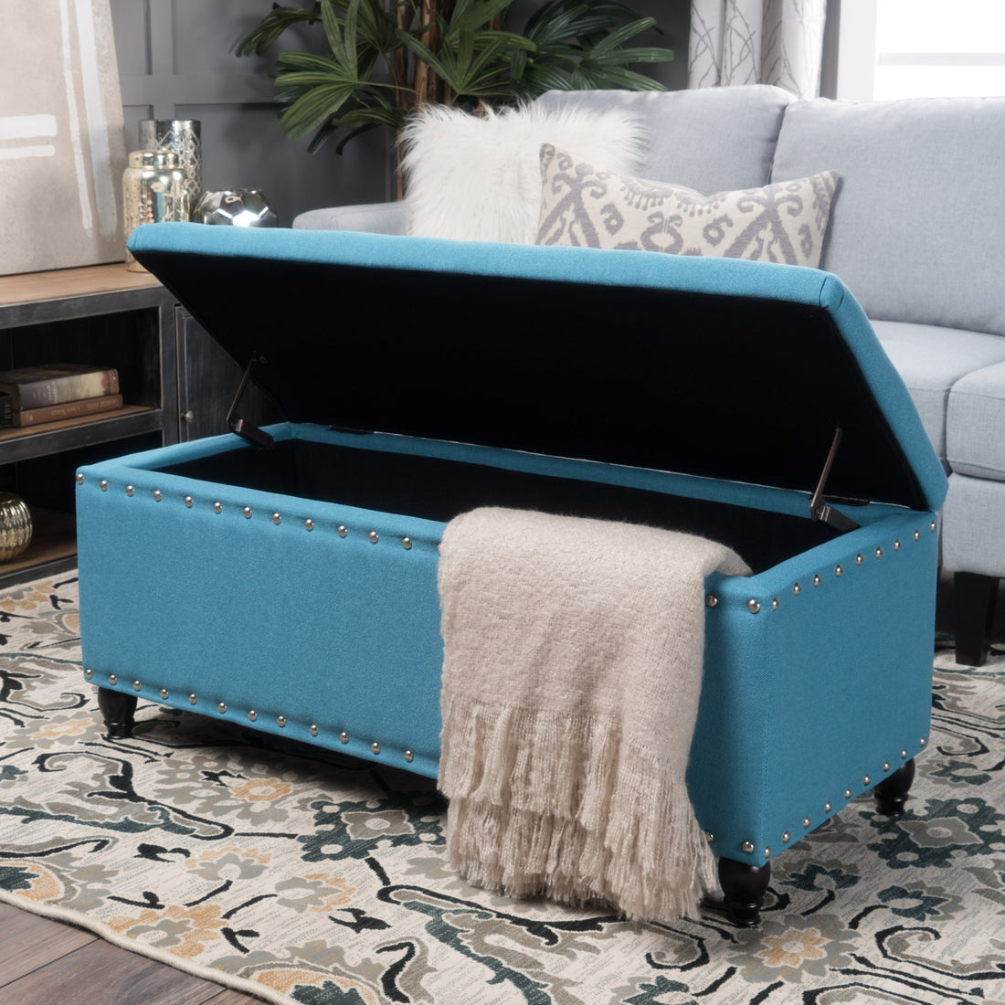 Storage Ottoman Teal Fabric