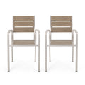 Outdoor Modern Aluminum Dining Chair With Faux Wood Seat Set Of 2 , Natural And Silver Natural Aluminium