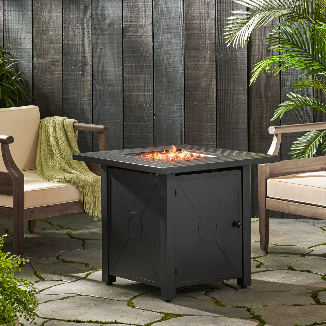 Outdoor Patio Propane Fire Pit 24.5'' H X 28'' W Square Iron Gas Burning Fire Table 40,000 Btu, Tank In Side, Black Black Iron